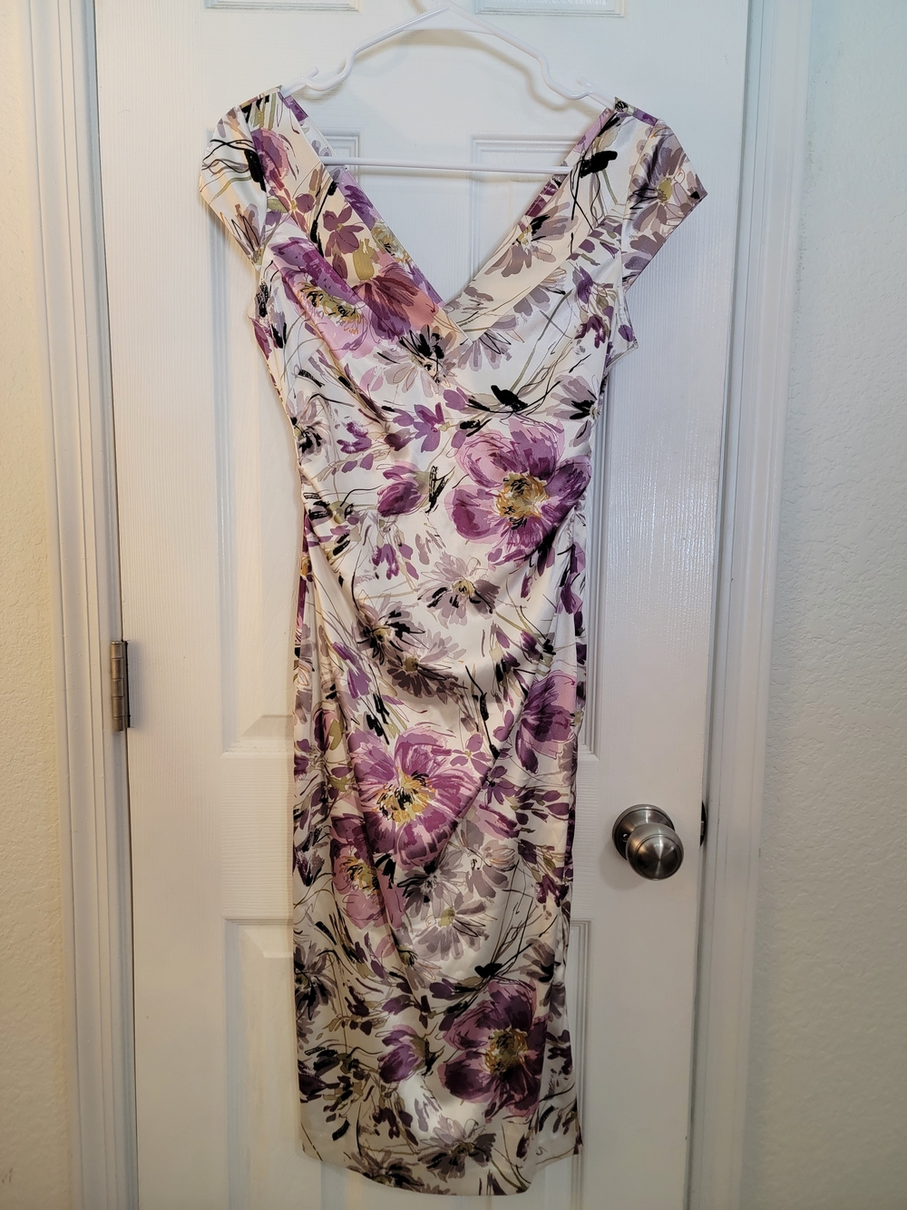 Maggy London Cream Midi Dress with Purple Floral Print